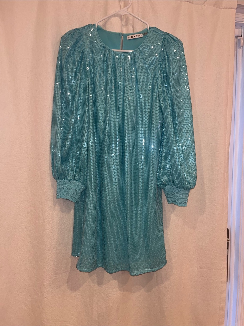 Alice + Olivia Teal Sequin Balloon-Sleeve Mini Dress